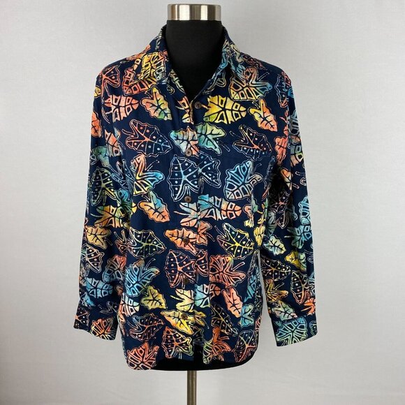 Pete Huntington Shirt Womens Button Down Multicolor Tribal Leaf Print Travel L - Picture 1 of 8